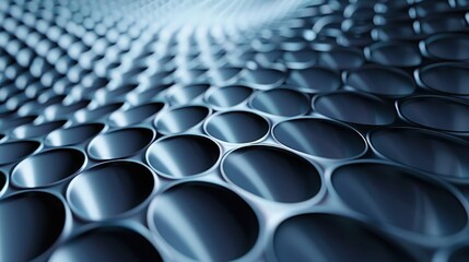 Obraz premium Metallic mesh surface with repeating circular indentations creates a wavy pattern set against a solid dark blue backdrop.