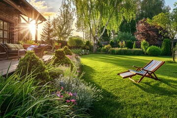A chaise longue in a flower garden on a neat lawn in the rays of the setting sun, a cozy courtyard of a country house.