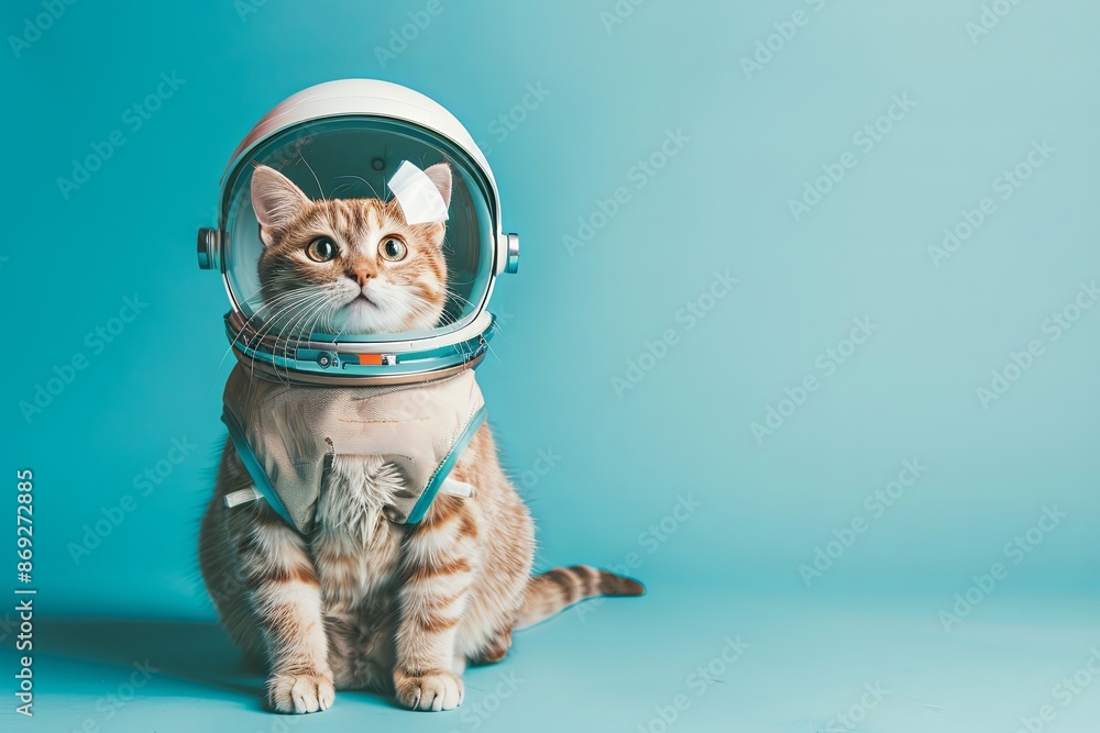 Wall mural A cute cat wearing an astronaut helmet on a blue background