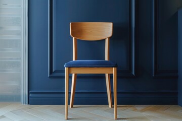 A modern maple wood dining chair with an upholstered seat, placed against a rich navy blue luxury house wall.
