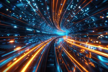Obraz premium A bright blue and orange light illuminates the dark tunnel, creating a dramatic effect