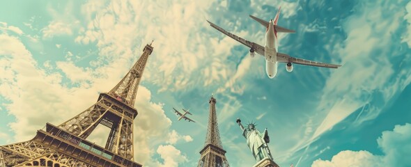 Iconic Landmarks and a Soaring Airplane Against a Cloudy Sky