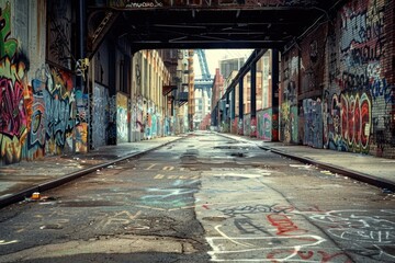 Naklejka premium A city street covered in vibrant graffiti, ideal for use in urban culture or art-related projects