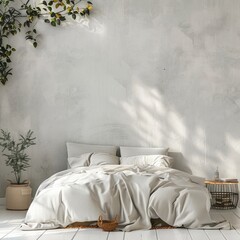 bed in a bedroom in front of empty concrete wall