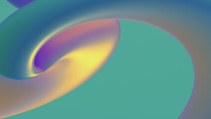 Abstract background with curved and twisted 3D shape with glossy gradient texture in teal green, sunshine yellow, purple, lilac colors. Colorful futuristic geometric backdrop 8K 16:9, poster, banner