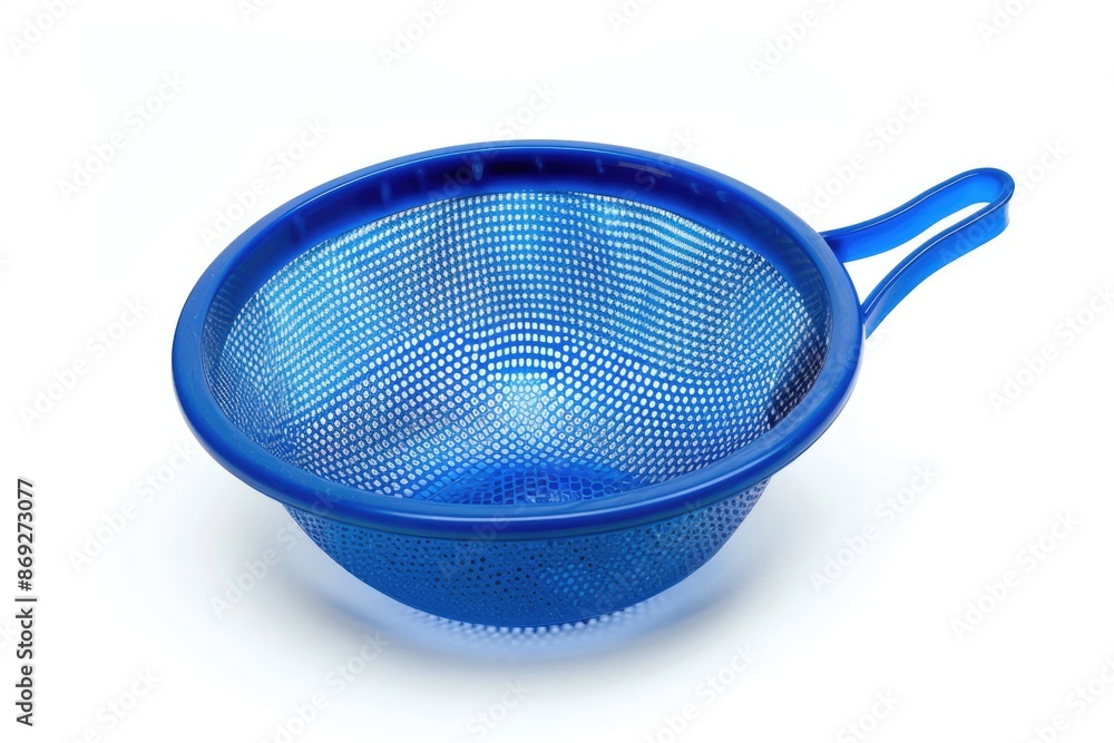 Poster a blue strainer with a handle on a white surface