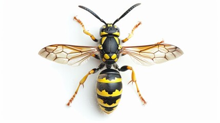 A yellow and black wasp sits on a white surface, ready to fly away