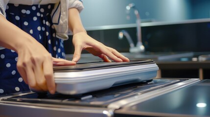 A woman uses a laptop in a polka dot apron, perfect for a home office or remote work scene
