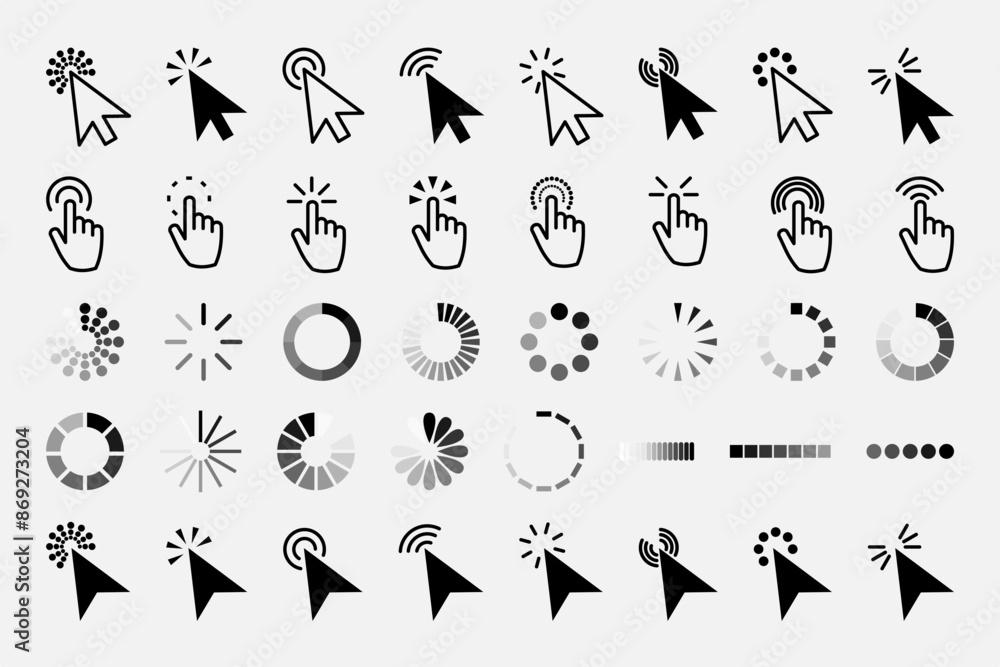 Poster pointer click icon. clicking cursor, pointing hand clicks and waiting loading icons. website arrows 