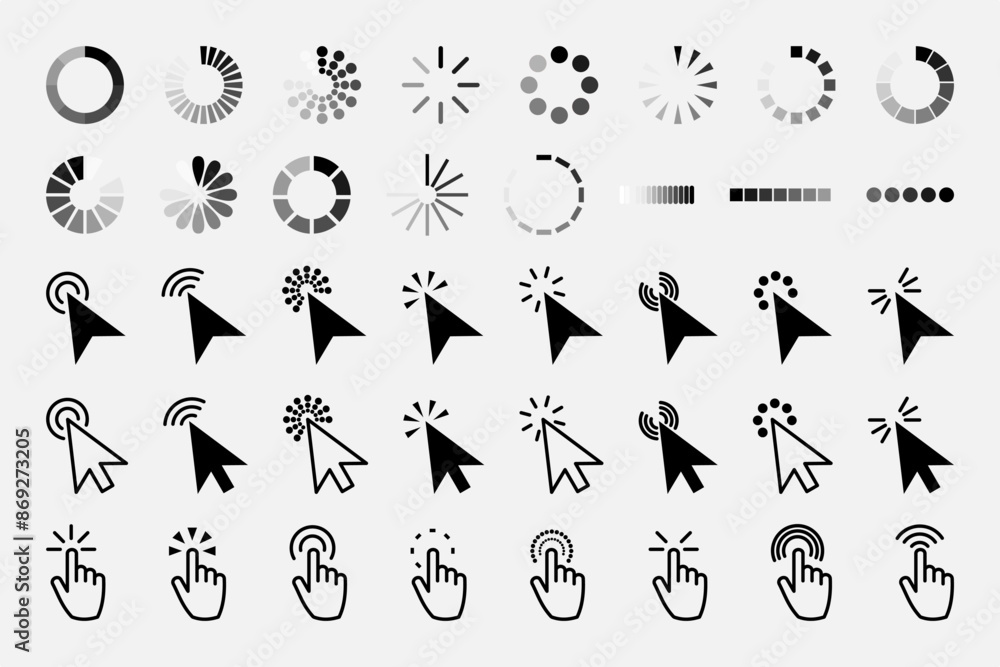 Poster pointer click icon. clicking cursor, pointing hand clicks and waiting loading icons. website arrows 
