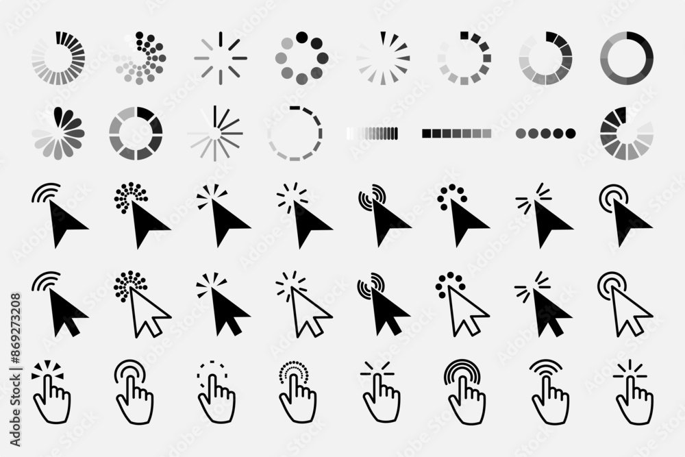 Poster pointer click icon. clicking cursor, pointing hand clicks and waiting loading icons. website arrows 