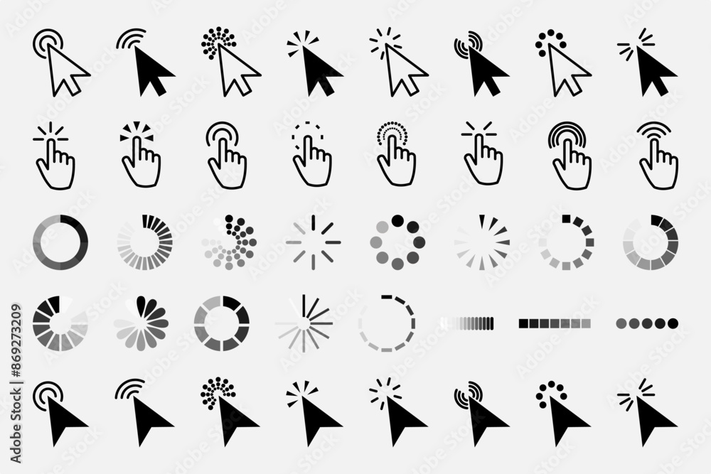 Poster pointer click icon. clicking cursor, pointing hand clicks and waiting loading icons. website arrows 