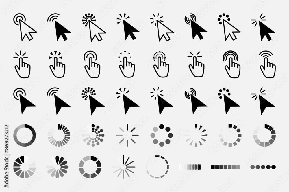 Poster pointer click icon. clicking cursor, pointing hand clicks and waiting loading icons. website arrows 