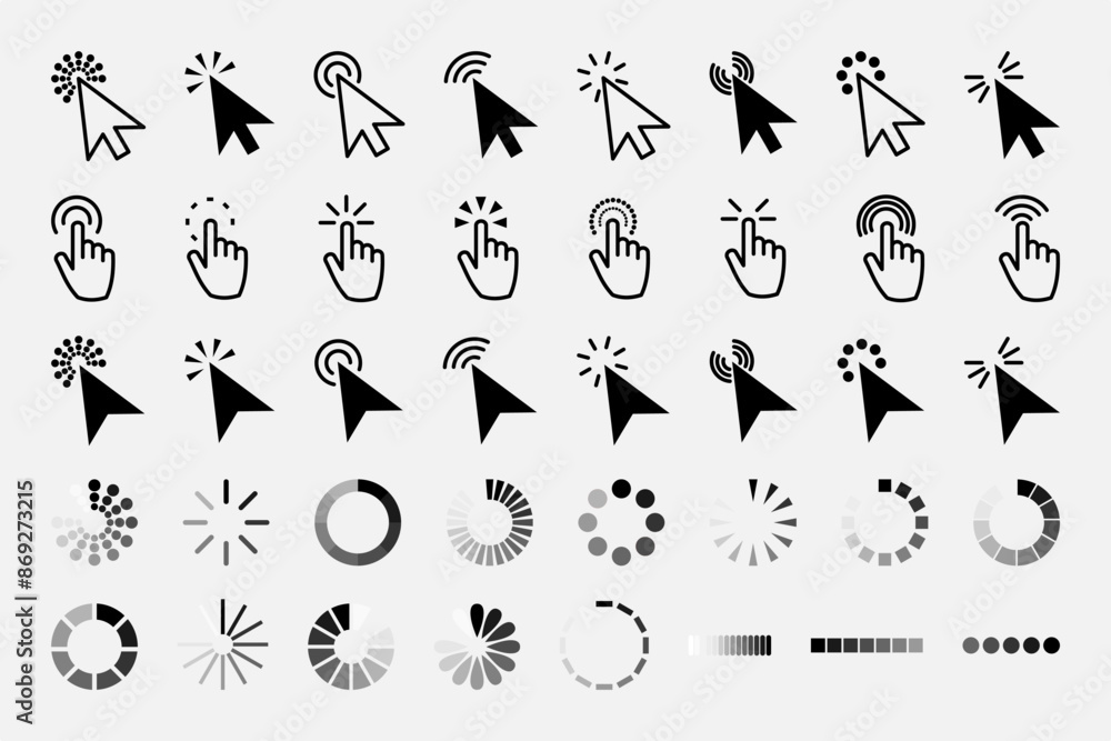 Poster pointer click icon. clicking cursor, pointing hand clicks and waiting loading icons. website arrows 