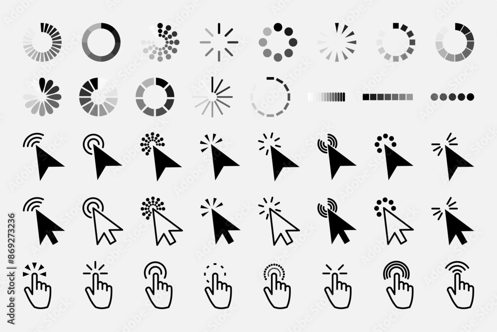 Poster pointer click icon. clicking cursor, pointing hand clicks and waiting loading icons. website arrows 