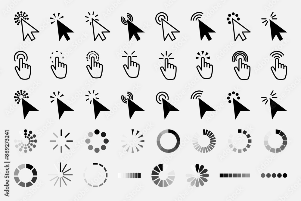 Poster pointer click icon. clicking cursor, pointing hand clicks and waiting loading icons. website arrows 