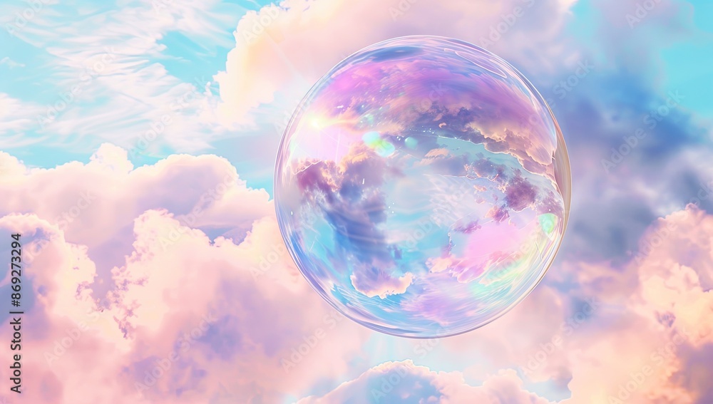 Poster A large soap bubble floating in the sky, reflecting colorful clouds.