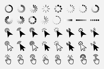 Pointer click icon. Clicking cursor, pointing hand clicks and waiting loading icons. Website arrows or hands cursors tools, computer interface button. Vector isolated symbols collection