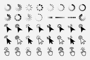 Pointer click icon. Clicking cursor, pointing hand clicks and waiting loading icons. Website arrows or hands cursors tools, computer interface button. Vector isolated symbols collection