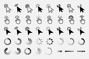 Pointer click icon. Clicking cursor, pointing hand clicks and waiting loading icons. Website arrows or hands cursors tools, computer interface button. Vector isolated symbols collection