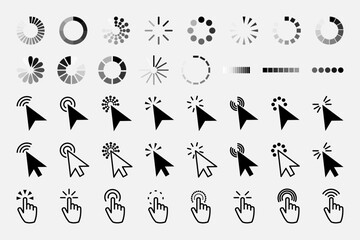 Pointer click icon. Clicking cursor, pointing hand clicks and waiting loading icons. Website arrows or hands cursors tools, computer interface button. Vector isolated symbols collection