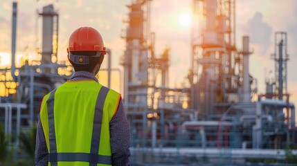 Engineer in safety gear overseeing oil refinery during sunset. Industrial worker ensuring operational safety and efficiency in industry.
