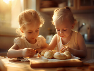 Naklejka premium Kids Preparing a Surprise Breakfast for Mom on Mothers Day, Early Morning Joy and Love in the Kitchen Heartwarming Moments Delicious Food Ideas for a Special Mothers Day Celebration