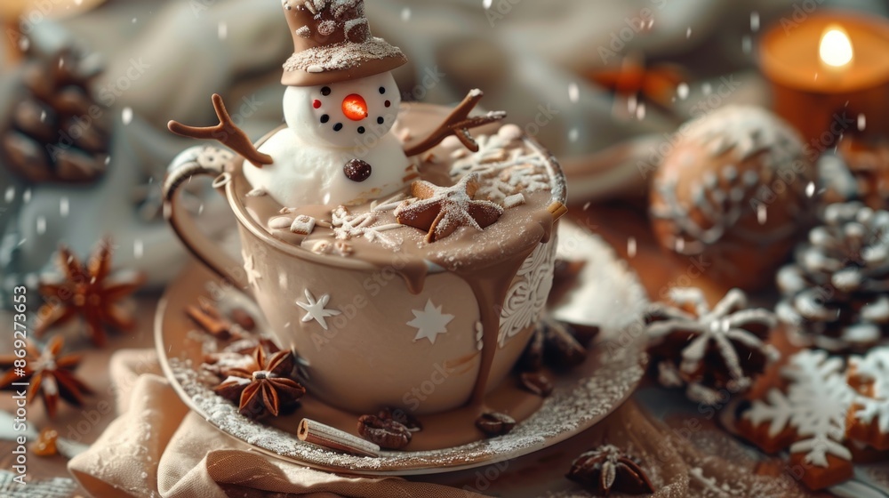 Poster A warm cup of hot chocolate with a snowman sitting on top, perfect for cold winter days