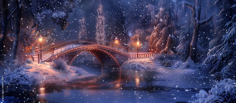 Poster A picturesque bridge over a frozen river, adorned with twinkling lights