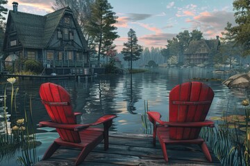 Two red chairs on a dock overlooking calm waters, perfect for relaxation or romantic getaway
