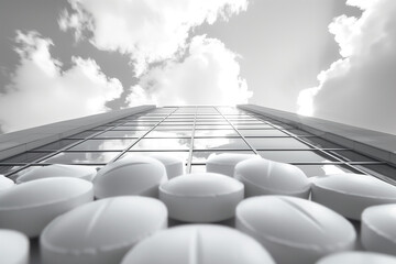 Obraz premium White tablets arranged in a pattern leading upwards towards a cloudy sky.