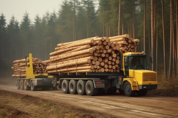 Obraz premium A large yellow truck carrying a heavy load of timber is seen driving on a dirt road through a dense forest. The vehicle is loaded with long, freshly cut logs, and the scene is enveloped in a misty