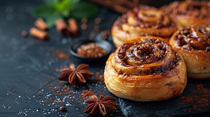 Freshly Baked Cinnamon Rolls on a Dark Surface