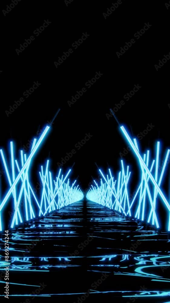 Poster moving 3d corridor with neon lines in dark. design. gloomy path in cyberspace with neon lines. neon 