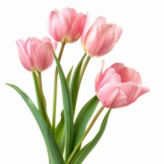 Three Pink Tulips in a Vase on White Background