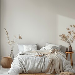 interior of a bohemian bedroom in front of empty wall