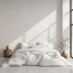 interior of a white bedroom in front of empty wall