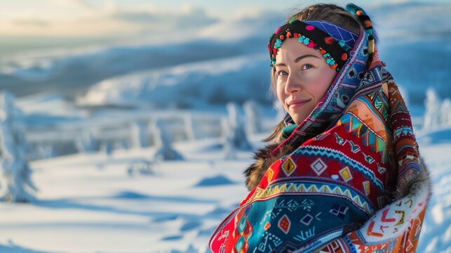 A Laplander in vibrant S&aacute;mi attire stands against snowy Northern Scandinavia, showcasing rich heritage and beauty.