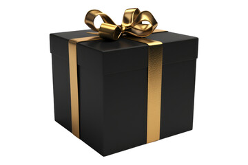 Obraz premium Black Gift box with golden ribbon isolated on transparent background