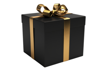 Black Gift box with golden ribbon isolated on transparent background