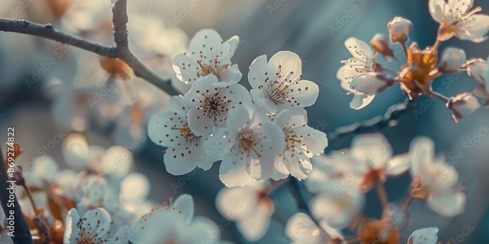 Poster a close-up shot of a bunch of flowers arranged on a tree branch, great for spring or nature-themed d