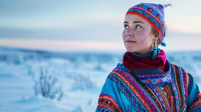 A person in colorful S&aacute;mi dress stands against the snowy landscapes of Northern Scandinavia.