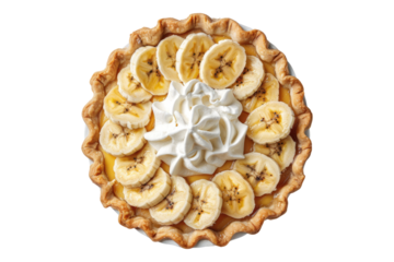 Banana pie with whipped cream isolated on transparent background