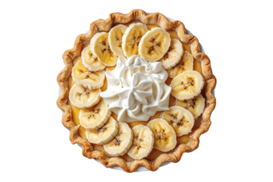 Banana pie with whipped cream isolated on transparent background