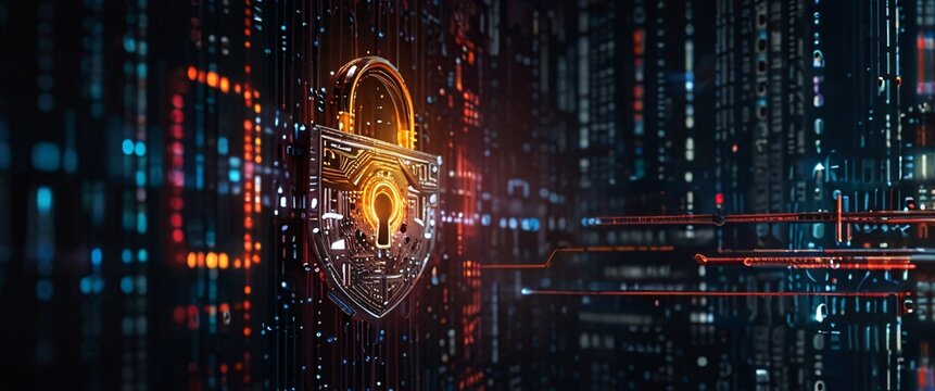 the importance of cyber security and digital protection in the modern business landscape. Use futuristic and sleek technology designs to convey a sense of advanced protection and security