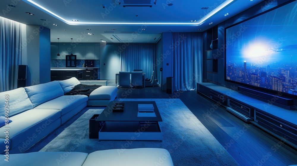 Poster a modern living room with a large home theater system and a projector displaying a vibrant cityscape