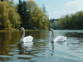 Serene Spring Day Swans Swimming in a Pond Surrounded by Greenery, A Tranquil Natural Scene Captured Perfectly in the Heart of Spring's Beauty