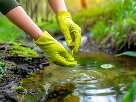 Person Collecting Water Samples for Pollution Testing During Earth Day, Ensuring Water Quality and Environmental Protection, Key Practices and Insights for Sustainable Future
