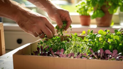 Close-up of a Hand Placing Microgreens in a Box