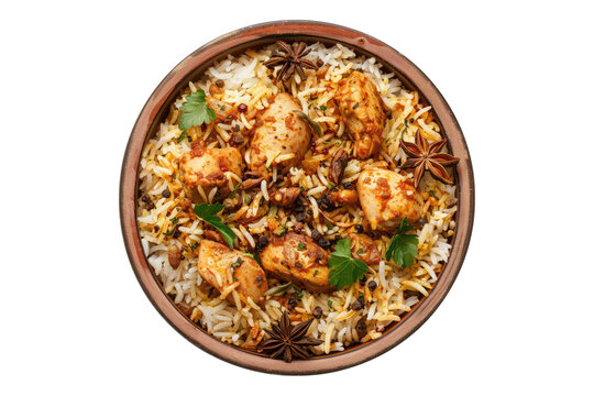 Biryani rice with chicken and spice isolated on transparent background